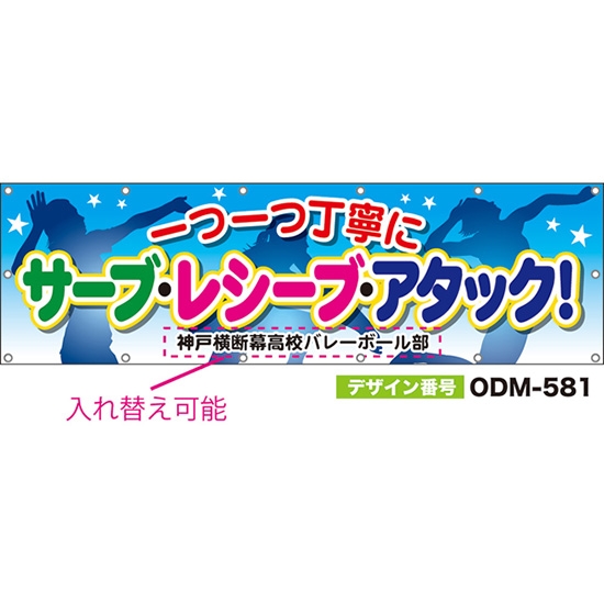 【別注】名入れ応援幕（横型） サーブ・レシーブ・アタック！一つ一つ丁寧に （水色） ODM-0581【受注生産】