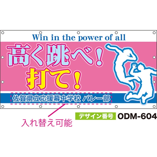 【別注】名入れ応援幕（四角型） 高く跳べ！打て！Win in the power of all （ピンク） ODM-0604【受注生産】