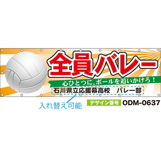 【別注】名入れ応援幕(横型) 全員バレー 心ひとつに、ボールを追いかけろ! (橙) ODM-0637【受注生産】