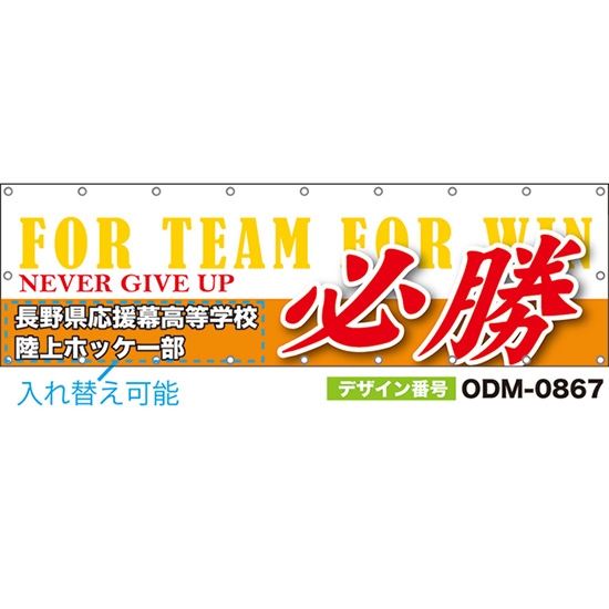 【別注】名入れ応援幕(横型) 必勝 NEVER GIVE UP FOR TEAM FOR WIN (白) ODM-0867【受注生産】
