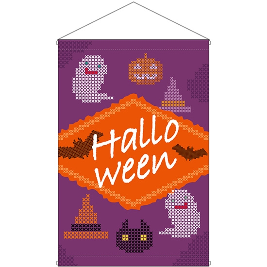 タペストリー Halloween ハロウィン クロスステッチ 紫 (W600×H900mm) No.40123