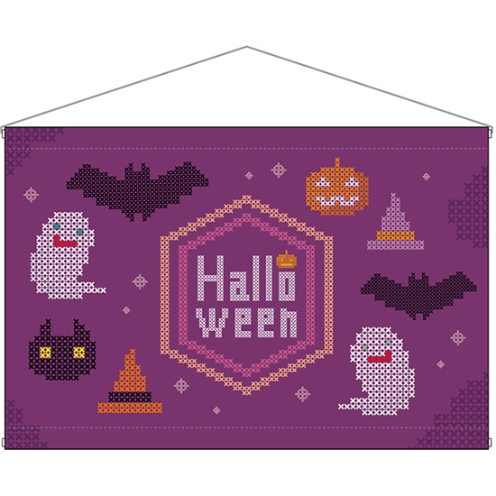タペストリー Halloween ハロウィン クロスステッチ紫 (W900×H600mm) No.40124