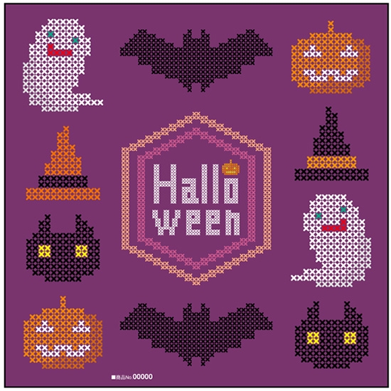 デコレーションシール (W285×H285mm) Halloween ハロウィン クロスステッチ 紫 No.40125